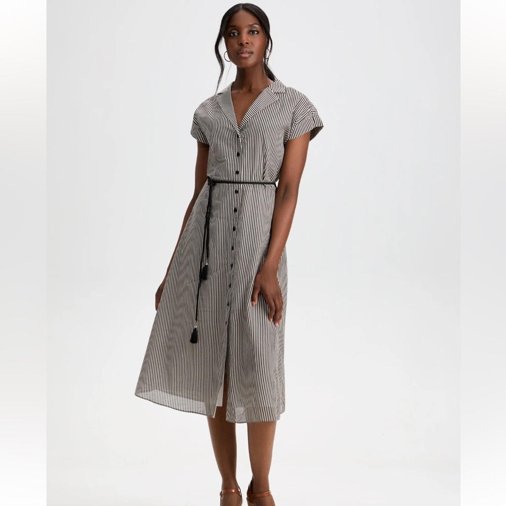 Laura Stripe Print Button-Down Midi Shirt Dress Beige Black